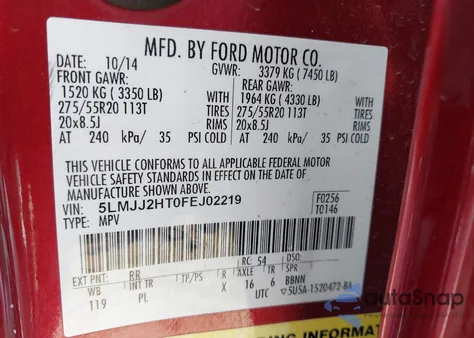 2015 Lincoln Navigator из США, поврежденный, VIN 5LMJJ2HT0FEJ02219